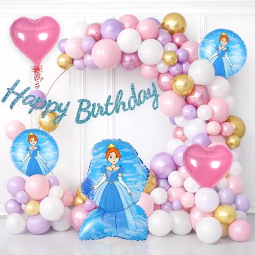 Image of Rozi Decoration Princess Birthday Balloon Decoration Kit, 63 Pieces, Pink Purple Gold Theme, Glitter Happy Birthday Banner, Foil Balloons, Pastel Balloons, 5 Meter Arch