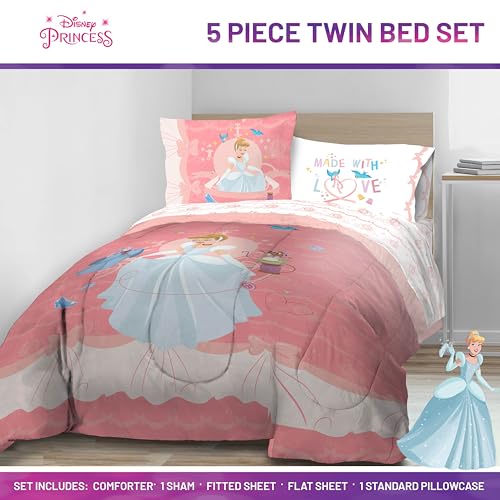 Image of Disney Princess Cinderella Twin Comforter Set 5 Piece Kids Bedding, Pink