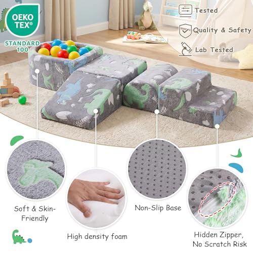 Image of Tiita Baby Climb and Crawl Playset 5-Piece, Kids Foam Climbing Block with Small Ball Pit - Indoor Soft Play Climber for Playtime Fun, Grey Star, Green Dinosaur