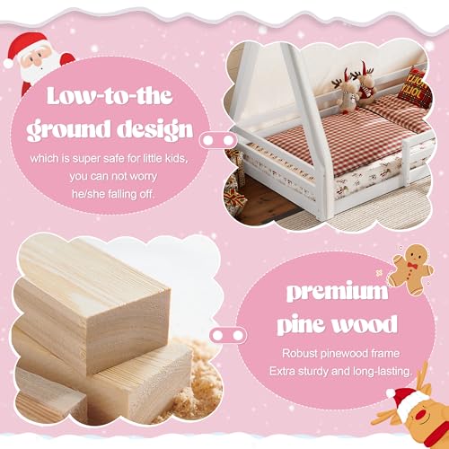 Image of CZBZ Twin Size House Floor Bed with Canopy Tent and LED Lights, Wood Teepee Montessori Floor Beds Frame with Guardrails for Kids, Playhouse Design for Safe Sleep & Imaginative Play