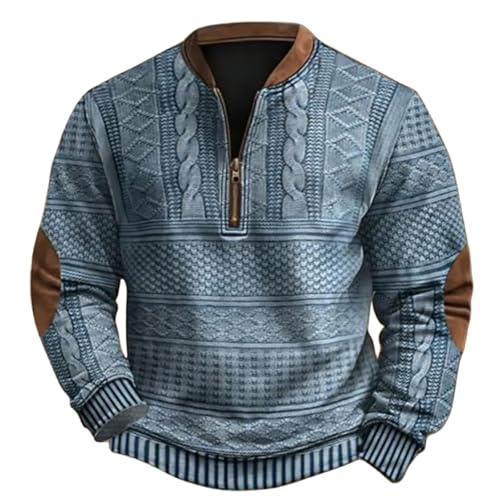 Whitecloths Life Clothing Men, Men's Vintage Knit Print Zip-Up Sweatshirt, Stand Collar Button Sweatshirt