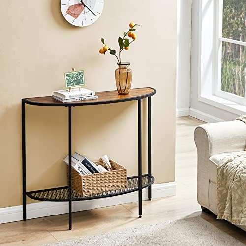 SAYGOER Console Table 2 Tier Narrow Entryway Table with Storage Shelves Half Moon Sofa Couch Table Industrial Small Entry Way Tables for Living Room Bedroom Hallway Office Easy Assembly, Walnut Black