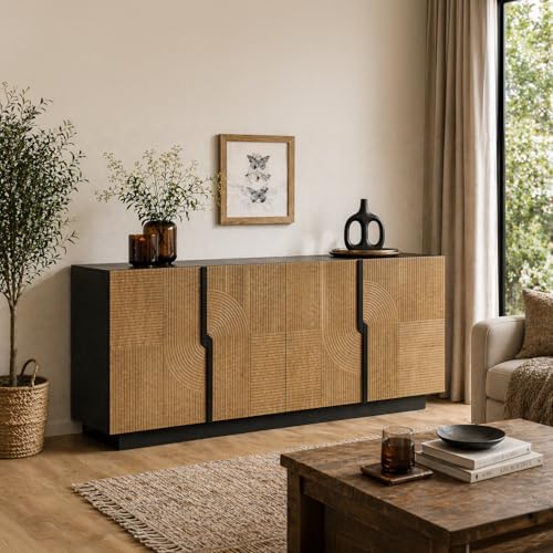 Image of The Attic Georgia Sideboard Large|Multipurpose Cabinet for Kitchen and Living Room Storage|Crockery Storage|Solid Mango Wood|Black + Natural Matte Finish