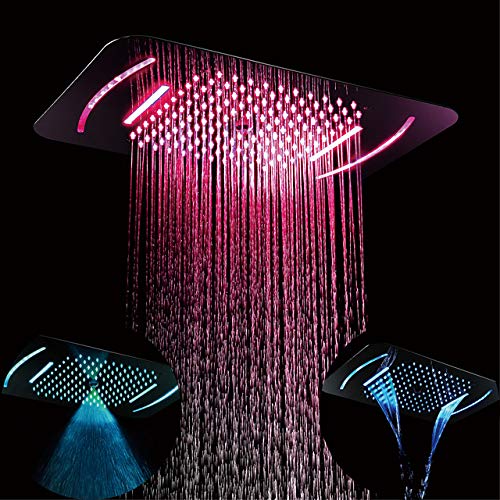 LED Shower Head Chrome Finished Rectangle 58x38cm SUS304 3 Function Rainfall Waterfall Mist Ceiling Mounted LED Top Sprayer Remote Control Shower Faucet
