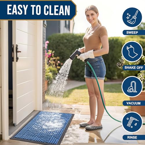 Image of Smiry Front Door Mat Outside Entrance, Heavy Duty Sturdy Natural Rubber Doormat, Trap Dirt and Moisture, Easy Clean Low Profile Welcome Floor Mats for Indoor Outdoor Entry, 59x23 Inch, Blue