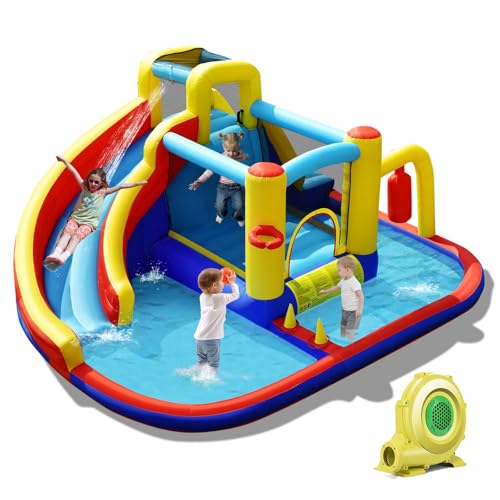 GLACER Bounce House, Inflatable Jumper w/Slide, Splash Pool, Punching Bag, Ring Toss, Climbing Wall, Basketball Hoop, Indoor Outdoor Blow Up Castle Bouncy House for Backyard, Party (with 735W Blower)