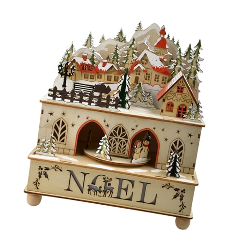 GKYQVE Festival - Caja de música de madera con iluminación LED, figura de muñeco de nieve giratorio, melodías de temporada, adorno de mesa de Navidad