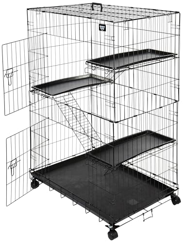 Image of amazon basics Multi-Level 3-Tier Cat Playpen Cage | Large | Spacious Metal Enclosure with Platforms & Removable Tray (Black),1