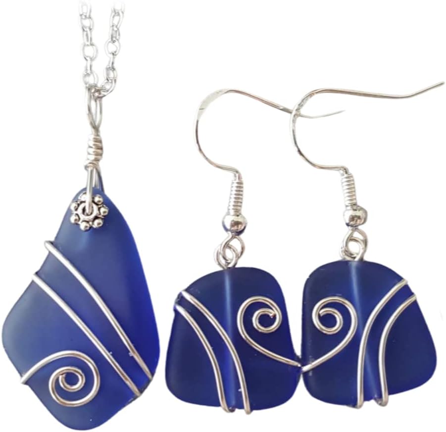 YInahawaii Handmade wire wrapped cobalt blue sea glass Necklace+Earrings Set, "September Birthstone ", (Hawaii Gift Wrapped, Customizable Gift Message)