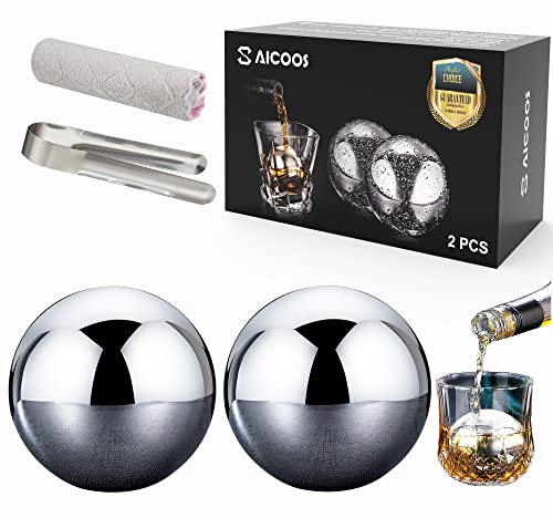 Wiederverwendbare Eiswürfel Kugel 2 Stück - Ice Cube Rund, Whiskystein, Edelstahl-Eiswürfel mit High Cooling-Technologie, verwendet für Whisky, Wodka, Likör, Wein(55mm)