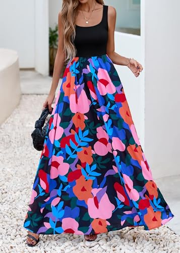 Image of KIRUNDO Women Summer Sleeveless Boho Floral Maxi Dress 2026 Scoop Neck Tank A Line Flowy Beach Vacation Resort Wear Sundress