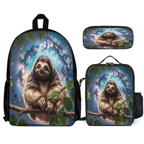 3-in-1 Backpack Combination Set Funny Animal Galaxy Sloth Print 3Pcs Backpack Sets Travel Daypack with Lunch Bag And Cosmetic Bag