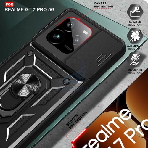 Image of AESTMO Tough Armor Realme GT 7 Pro 5G Bumper Back Case Cover | Ring Holder & Sliding Camera Shield Cover | 360 Degree Protection Back Case Cover for Realme GT 7 Pro 5G (Black)