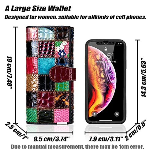 Handmade Patchwork Trifold Large Wallet for Women Colorful Genuine Leather Stitched Credit Card Holder Phone Clutch Purse2