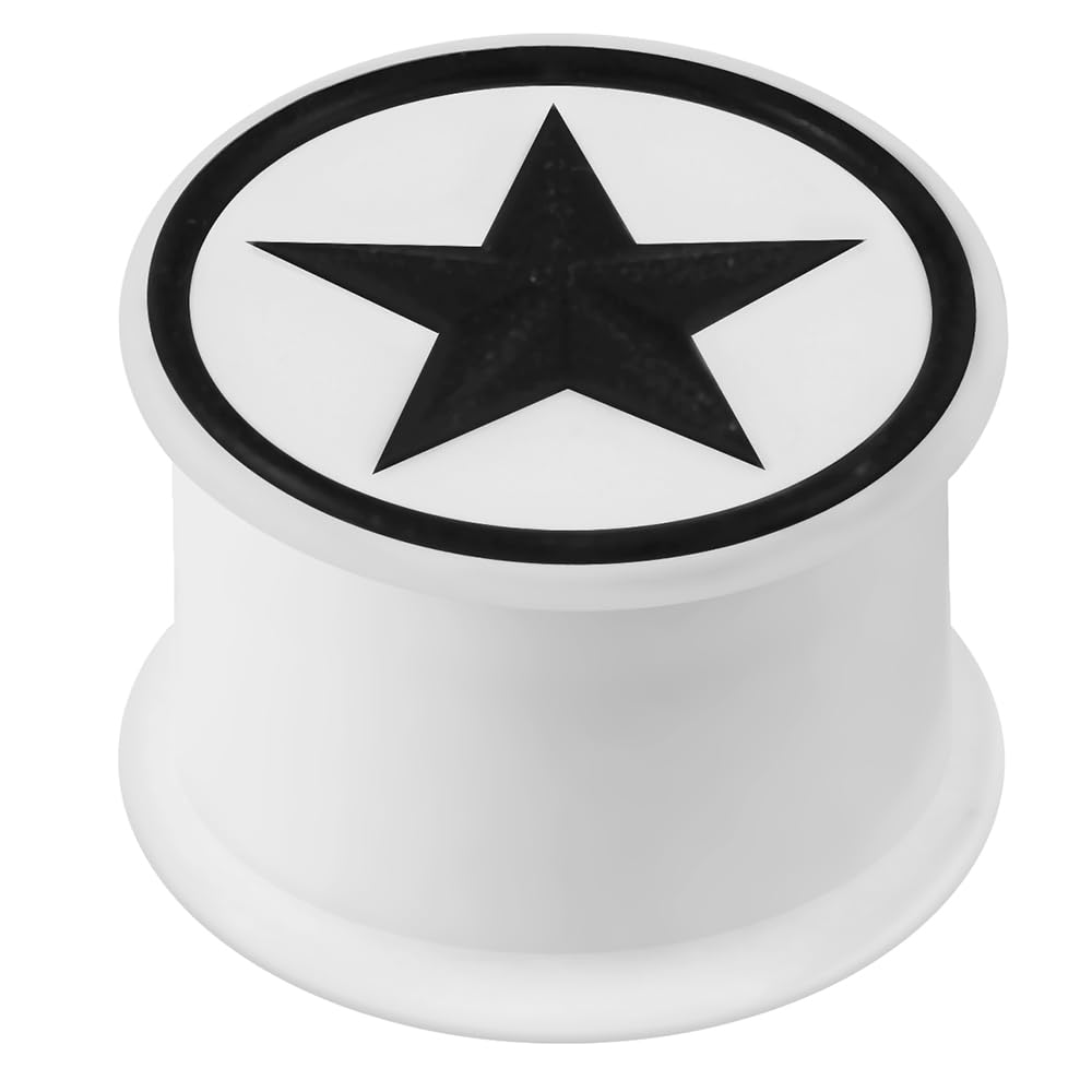 PiercingPointEmbossed Black Star on White Silicone Double Flared Tunnel Gauge Ear Plug