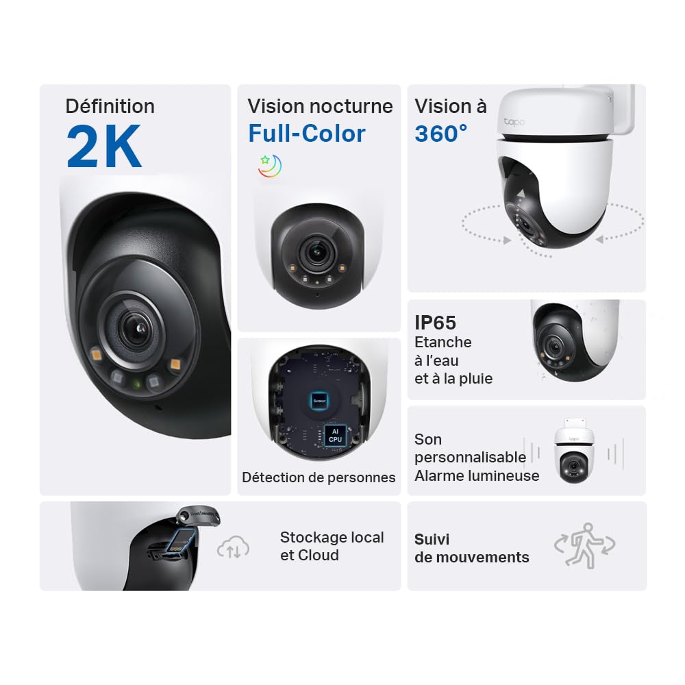 Tapo 2K Caméra de Surveillance WiFi extérieur 360°, Vision Nocturne Couleur, Détection de Personne et Suivi de Mouvement, Étanche IP65, Alarme sonore Personnalisable, C510W 2pack