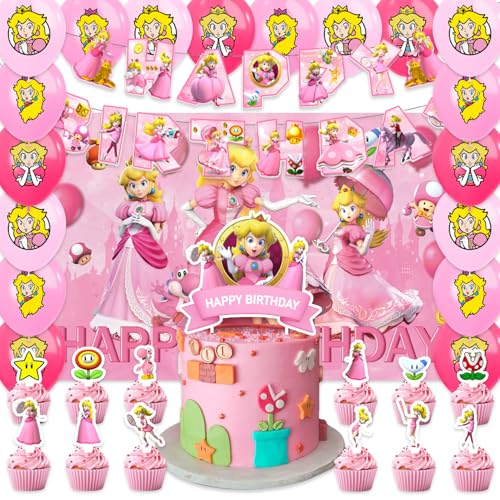 42pcs Princess Peach Birthday Party Supplies Pack IncludesBannerCake TopperBlackdrop Balloons for Princess Peach party supplies