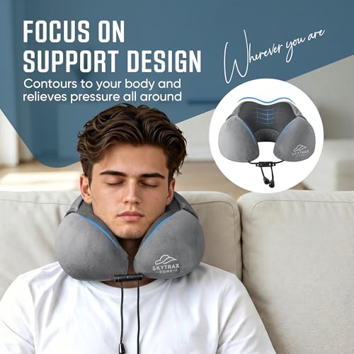 Image of SkytraxComf Travel Neck Pillow with Hood for Privacy on Long Flights | Memory Foam | Airplane Sleep | Safety-Tested Materials | Extra Large Hood | Chin Support | Earplugs | Washable Cover