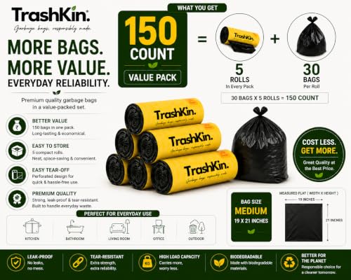 Image of Garbage Bags Medium 19x21 Inches, 150 Count, Black, 5 Rolls