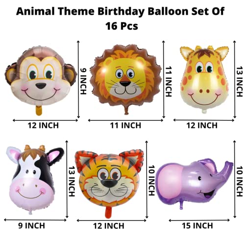 Image of Party Decorz Jungle /Safari /Zoo Animal Theme Foil Balloon Set Of 16 Pcs (6pcs Animal Small Foil Balloon+10 pcs Printed Latex Balloon) For Kids Safari /Zoo /Jungle Animal Theme Birthday Party Decoration