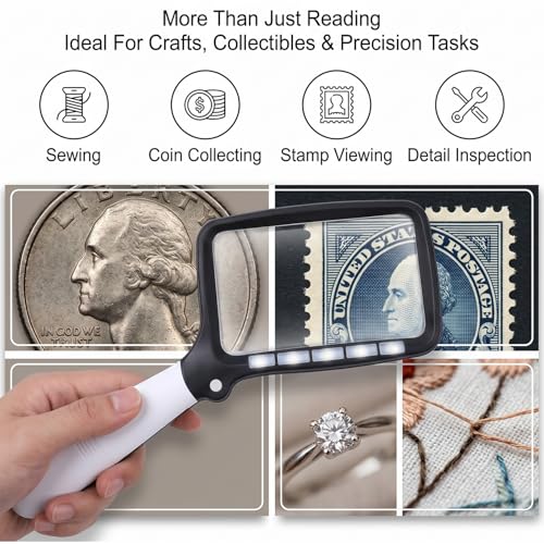 Image of 2X Rectangular Handheld Reading Magnifying Glass with Light, Folding Handle, 5 LED Lighted Magnifying Glass for Reading,Seniors, Low Vision, Macular Degeneration, Hobbyists (Black and White)