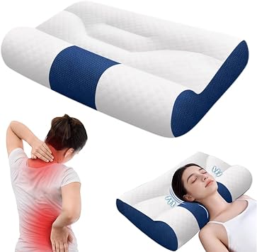 Ergonomic Pillow, Sleep Enhancing Cervical Support Comfort Goose Down Pillow, Sleep Aid Pillows Relieves Neck and Shoulder Suitable for Side, Back and Stomach Sleepers Dark Blue, 19.6 x 11.8 inch