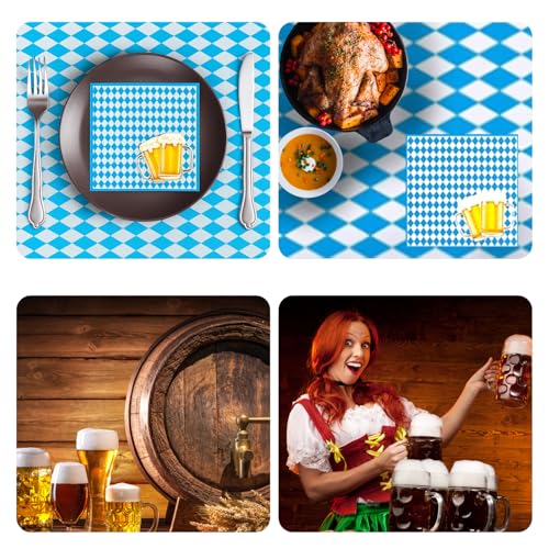 Oktoberfest Servietten, Oktoberfest Tischdecke, Oktoberfest Deko Set Inklusive 40 Stück Servietten Blau Weiß 33x33cm und 1 Stück Tischdecke 137x274cm, Oktoberfest Tischdeko für Bierzelten Biergarten