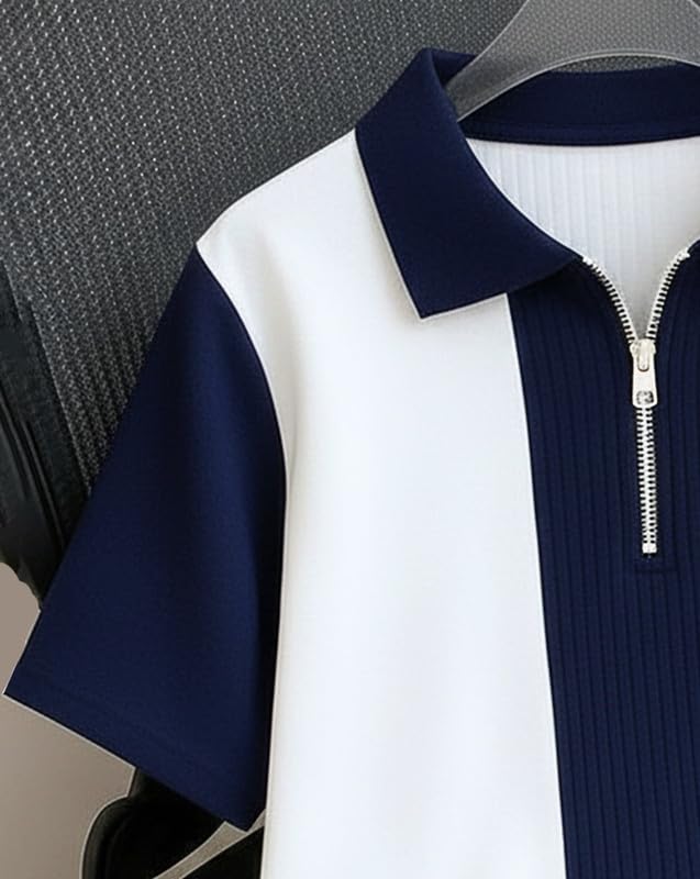 Image of AUSK Men's Textured Vertical Striped Knit Polo T-Shirt | Half Sleeve Zipper Neck Self-Design Casual Tee | Mens Tshirts