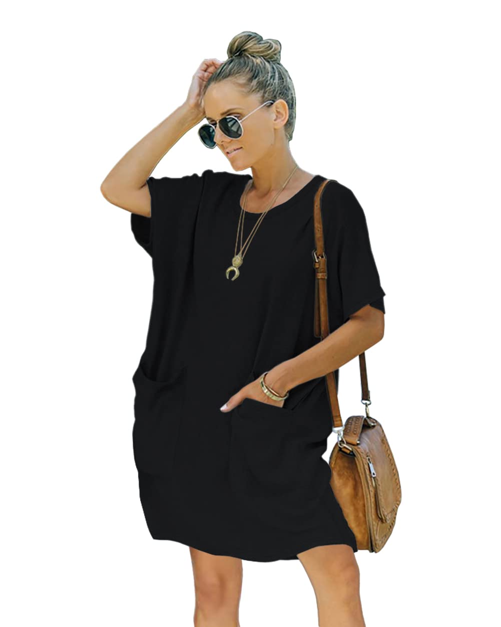 Ladybranch Women’s Casual Summer T Shirt Dress Elastic Loose Short Sleeve Dress with Pocket for Women