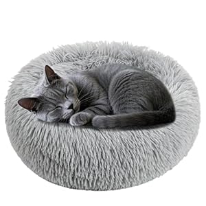 Cat Bed – Calming Cat Bed for Small Kittens Donut Washable Round for Indoor Kittens and Puppies, Anti-Slip Round Fluffy Plush Faux Fur, Small, Light Grey