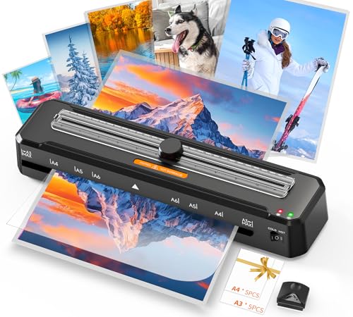 MAXDONE Laminator, A3 Laminator Machine Thermal & Cold with Built-in Cutter, 10 Laminating Pouches & Corner Rounder Set, 90s Fast Warm Up, No Bubbles for Home Office School Use