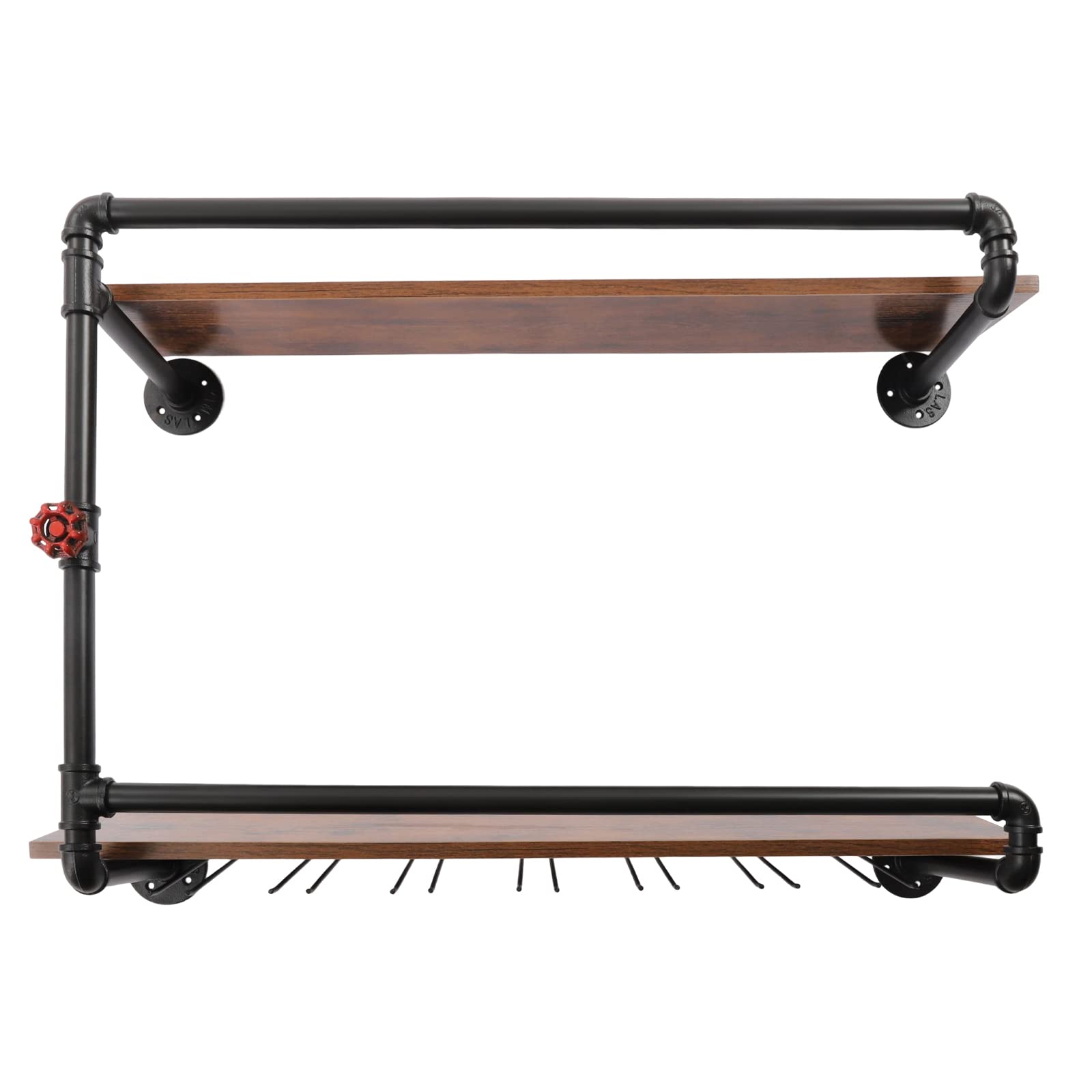 RIQUIPAI 2 Tier Black Wine Rack Wall Mounted Hanging Floating Bar Shelves with Glass Holder Storage Under, Industrial Rustic Pipe Bottle Display for Farmhouse Kitchen Decor