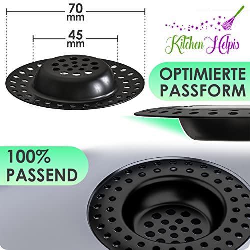 Kitchen Helpis® 2X Abflusssieb schwarz für ALLE ABFLÜSSE geeignet, extra schwer -14g-, kein Hochschwemmen, aus rostfreiem SS304 Edelstahl, schnell ablaufend, Sieb für Spülbecken oder Haarsieb