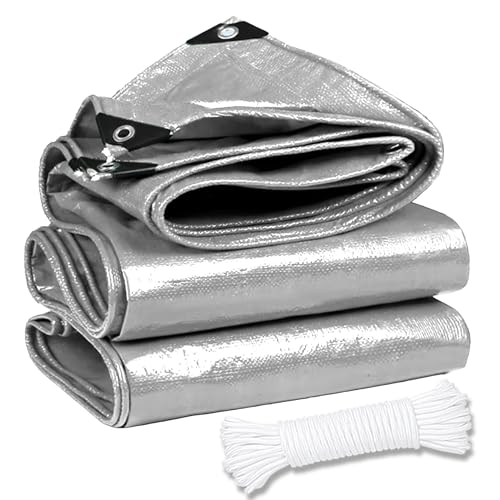 Lona Impermeable 400 x 570 cm Resistente a Los Rayos UV Lona Remolque con Ojales Metálicos, Resistente a Los Desgarros para Jardín, Cenador, Camping, Plata