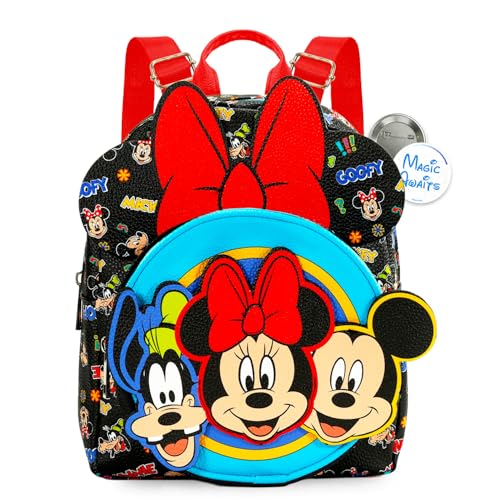 Disney Mini mochila – Mochila pequena exclusiva de 25 cm de couro sintético Mickey, Minnie e Pateta com bolso frontal e botão | Ajusta-se para mulheres, adolescentes, meninas e crianças