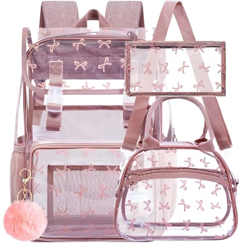 ZLYERT 17 Bow Clear Backpack for Girls - 3Pcs Flip Design Stadium Approved Set Campus/School Transparent Bookbag (Pink)