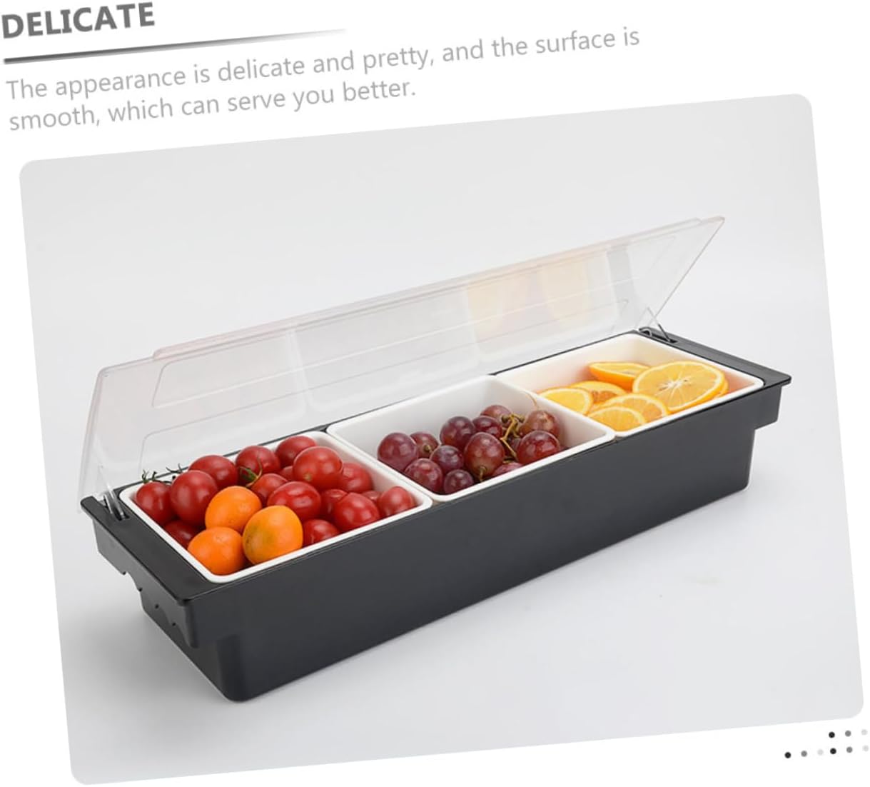 Cabilock Divided Bar Condiment Box Lid 3-Compartment Fruit and Snack Container Plastic Serving Case for Parties and Gatherings