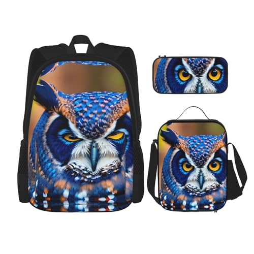 nanger Blue Owl Print 3-Piece Set Backpack, Lunch Bag And Pencil Case, For Travel, College, And Daily Use