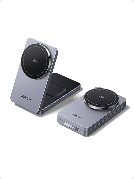 UGREEN Qi2 15W MagFlow Wireless Charger, 2-in-1 MagSafe Fast Charging Station, Foldable Charger Stand for iPhone 17/16/15/14/13/12 Series, AirPods 4/3/2/Pro, with a 3.3FT USB C Charging Cabl