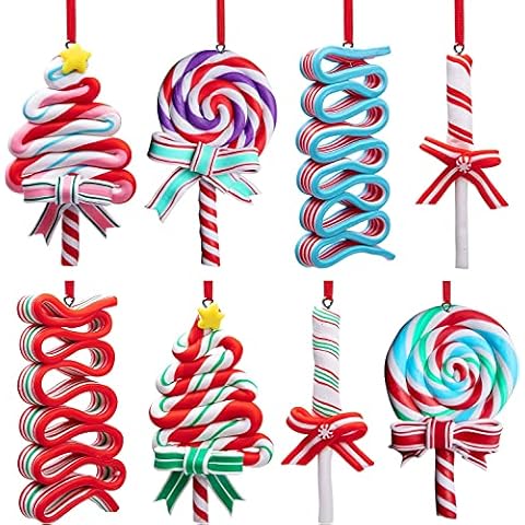 8pcs Christmas Lollipop Ornaments, Christmas Tree Candy Cane Ornament, Valentine's Day Lollipop Hanging Decorations, Decorative Candies Polymer Clay Ornament for Valentine Home Party Holiday Cover