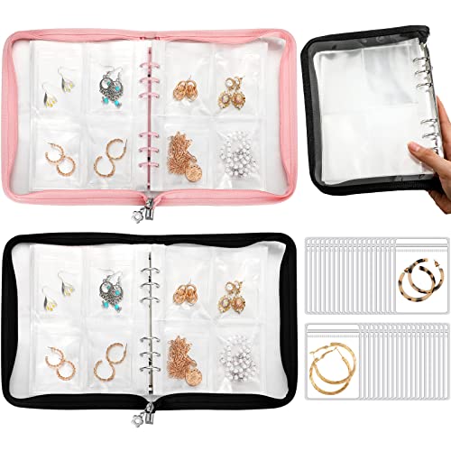 2 Stück Schmuck-Organizer, Reise-Ohrring-Etui, transparente Schmuck-Aufbewahrungs-Buch, transparenter Binder-Reißverschluss-Tasche für Halsketten, Armbandhalter, mit 200 kleinen Anlaufschutzbeuteln Cover