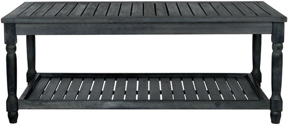 Pemberly Row Acacia Wood Outdoor Coffee Table, Dark Slate Gray Finish, Slatted Tabletop with Lower Shelf, Coastal Cottage Style, Weather-Resistant Patio or Garden Table, 43.3" W x 23.6" D x 16.5" H