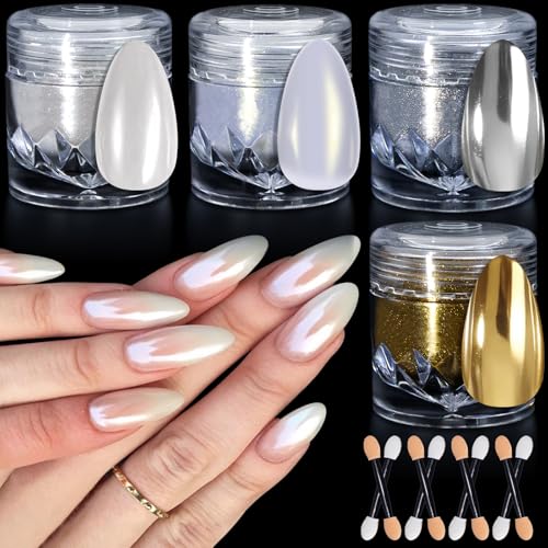 Weiße Perle Chrom Nagelpuder - Gold Silber Chrome Pulver Nägel Glazed Donut Nail Powder Spiegeleffekt Metallic Cromepulver Nägel Glitzer Nagelpuder Nail Design für DIY-Salon