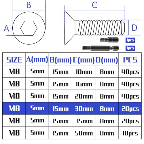 20 Stk senkkopfschrauben edelstahl M8X30mm Innensechskant M8 edelstahlschrauben DIN 7991/ISO 10642 Senkkopf Schrauben Steckdose Gewindeschrauben Senkschraube mit 2 Stk Sechskant Schrauberkopf (Silber)