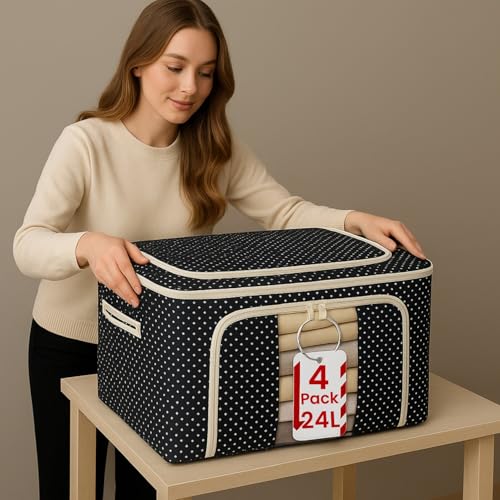JD FRESH 4 Pcs 24 Liters Foldable Steel Frame Cloth Organizer with Handle for Storage/Wardrobe Organizer with Zipper/Front & Top Open Almirah Organise