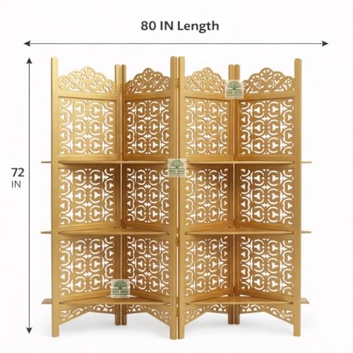 Image of Wooden Room Divider 6 Feet, 4-Panel Folding Wooden Partition for Living Room, Office, Pooja Room, Restaurant, Kitchen & Balcony (2W x 1.82H Meters). (Golden Lattice Pattern)