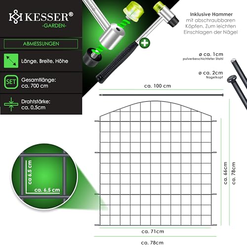 KESSER® Teichzaun Gartenzaun Steckzaun Komplettset Metall 10x Oberbogen Rund Inkl. Handschuhe, 2x Hammer + 12 Befestigungsstäben, Zaun zum stecken für Garten, Gitterzaun Set Freigehege für Tiere