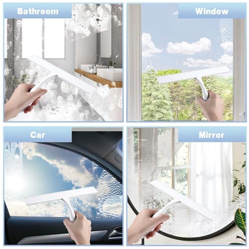 Image of FY&XZH Never Rust Silicone Shower Squeegee for Glass Doors with Hook, Bathroom Cleaner Tool, Household Window and Mirror Squeegee, Ergonomic Thick Handle Squeegee for Shower Glass, 11-Inch (White)