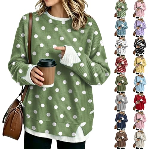 Womens Crewneck Sweatshirt Waffle Knit Long Sleeves Polka Dot Sweatshirts - image 1