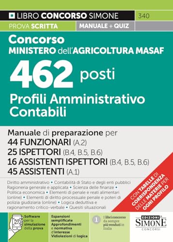 Concorso Ministero dell’Agricoltura MASAF 462 posti - Profili Amministrativo Contabili - Manuale di preparazione per 44 FUNZIONARI - 25 ISPETTORI - 16 ASSISTENTI ISPETTORI - 45 ASSISTENTI